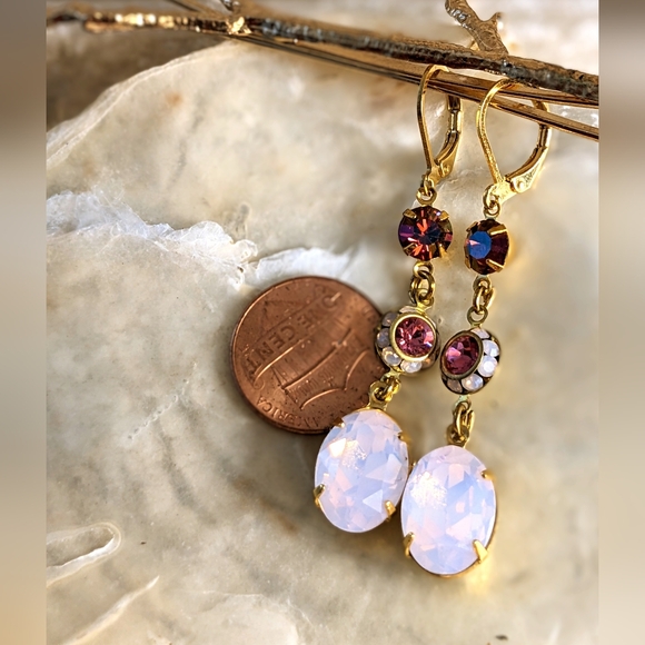 Swarovski Elements Pink AB And Pink Opal Flower Dangle Drop Earrings - Picture 4 of 4